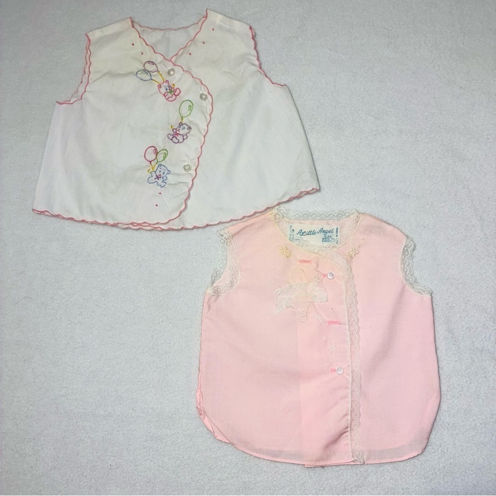 Vintage Baby Infant 1 White & 1 Pink Embroidered Diaper Shirts Lot of 2